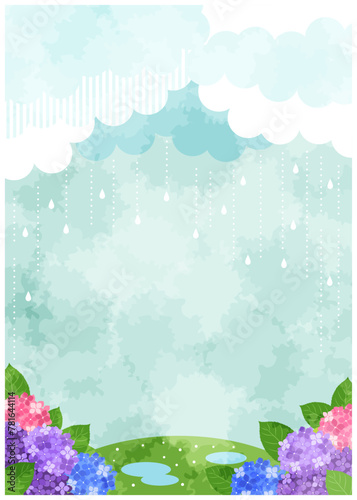 梅雨、背景、イラスト、雨、あじさい、暗い、縦型、水彩