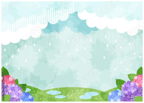 梅雨、背景、イラスト、雨、あじさい、暗い、横型、水彩