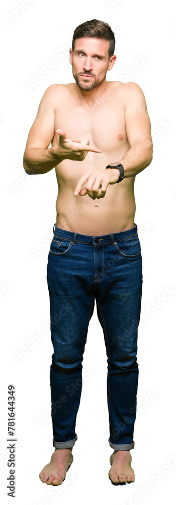 Handsome shirtless man showing nude chest In hurry pointing to watch time, impatience, upset and angry for deadline delay Handsome shirtless man showing nude chest In hurry pointing to watch time, impatience, upset and angry for deadline delay