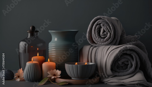 Beautiful dark grey spa composition banner with towels, candles, flowers and spa accessories on wall background. Cozy relax atmosphere