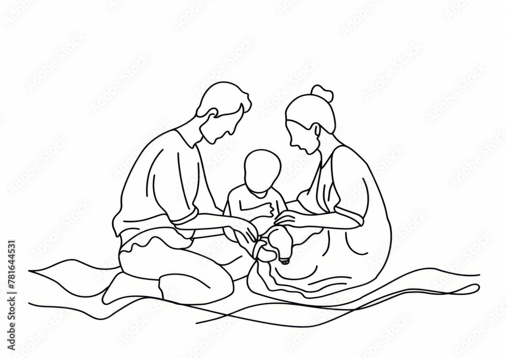 One line drawing of a family playing together, with the father kneeling and holding a baby on his lap while the mother sits next to him holding another child in her arms Generative AI