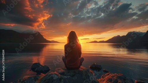 A woman sitting on a rock looking out at the sunset, AI