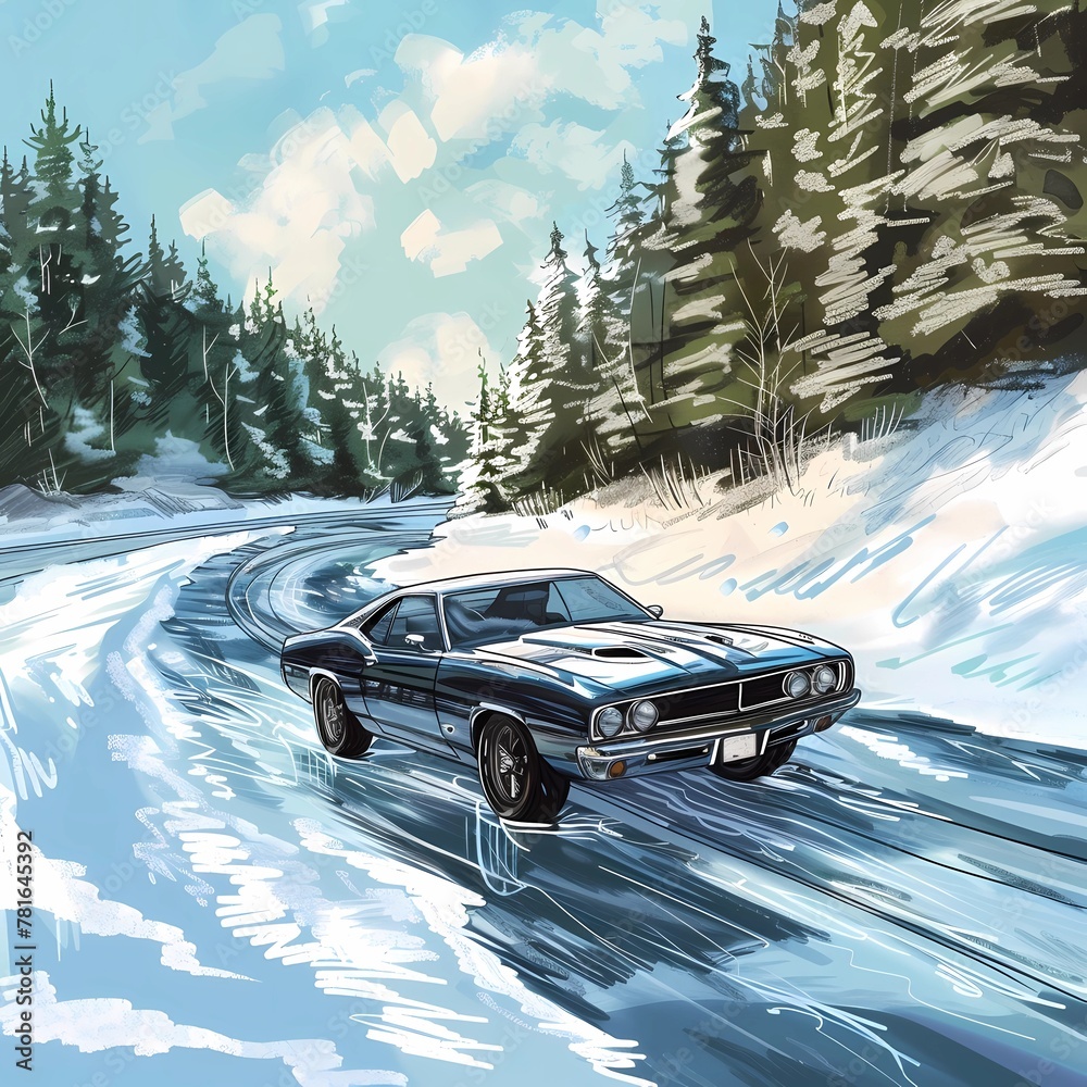 muscle car illustration, motors, roadtrips, ai image of cars