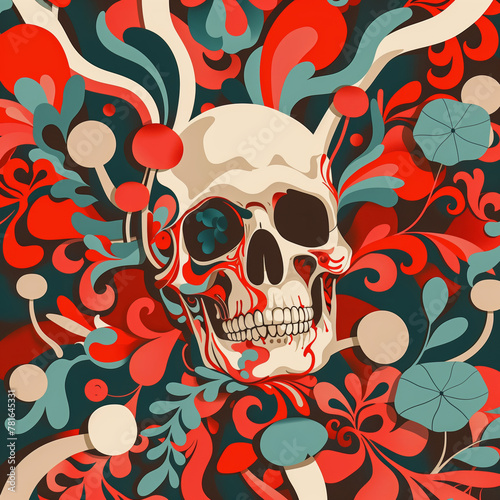 a skull with a red and green pattern with mushrooms