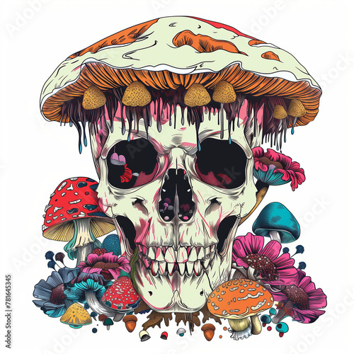 a skull with a red and green pattern with mushrooms