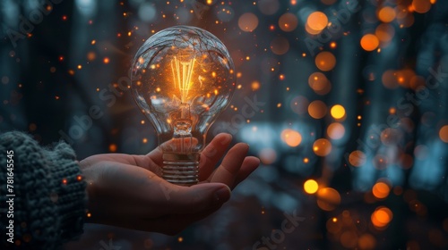 A person holding a light bulb in their hand with lights around it, AI