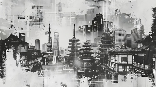 Vintage Grunge Collage: Photorealistic Black and White Asian Cityscape