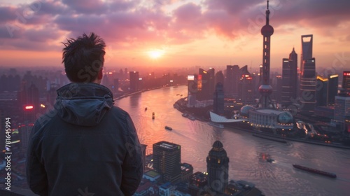 A man looking out over a fictional futuristic city at sunset, AI