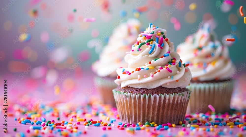 A close up of cupcakes with sprinkles and frosting on a table, AI A close up of cupcakes with sprinkles and frosting on a table, AI