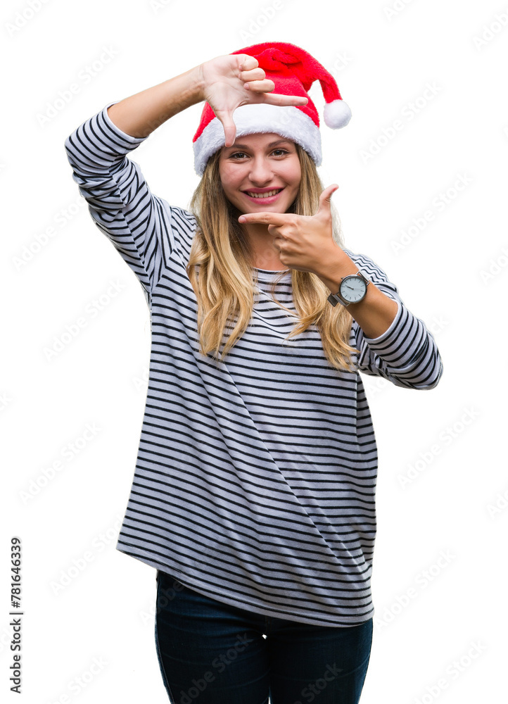 Young beautiful blonde woman wearing christmas hat over isolated background smiling making frame with hands and fingers with happy face. Creativity and photography concept. Young beautiful blonde woman wearing christmas hat over isolated background smiling making frame with hands and fingers with happy face. Creativity and photography concept.