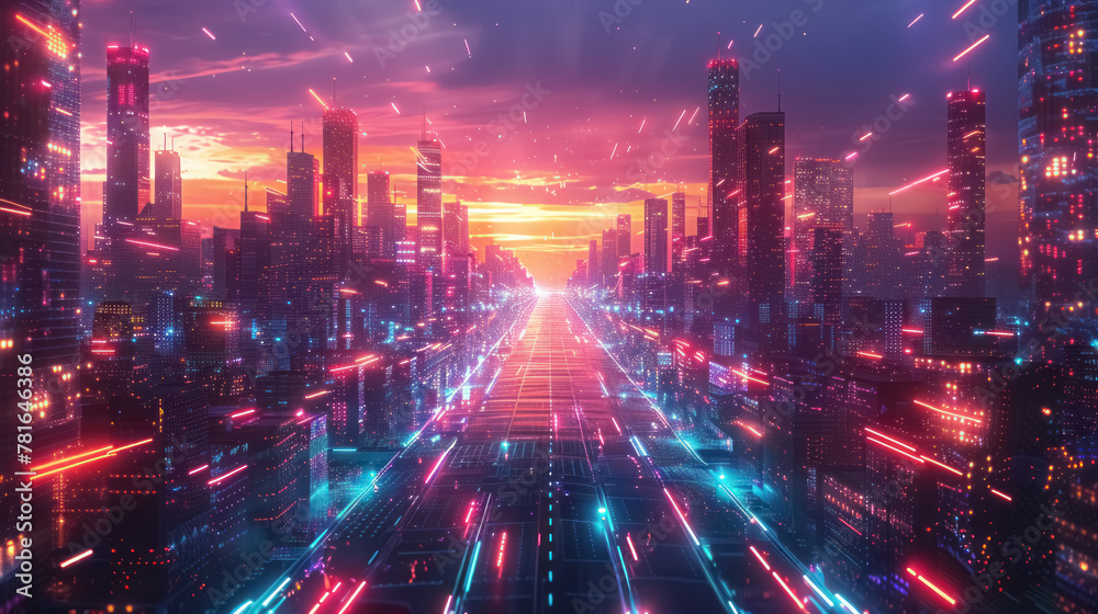 futuristic holographic cityscape at sunset with glowing neon lights