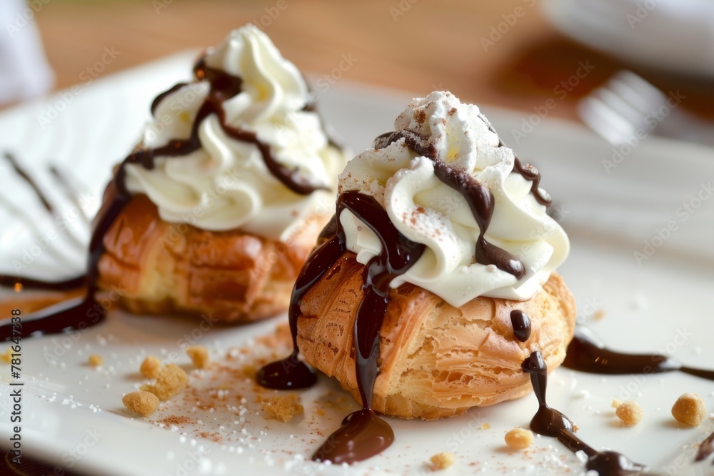 Cream puff dessert drizzled with chocolate and topped with whipped cream, served on a white plate. Chocolate Drizzled Cream Puff on White Plate Cream puff dessert drizzled with chocolate and topped with whipped cream, served on a white plate. Chocolate Drizzled Cream Puff on White Plate