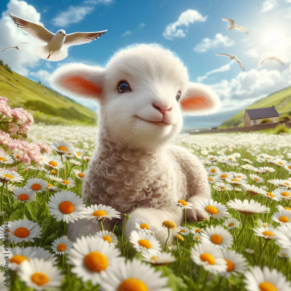 Cute lamb in a field of daisies on a sunny day beautiful pic
Cute lamb in a field of daisies on a sunny day beautiful pic