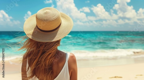 A woman with a hat on looking out to the ocean, AI © starush