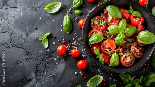A black bowl filled with tomatoes, basil and other ingredients, AI