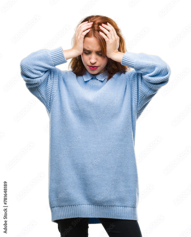 Young beautiful woman over isolated background wearing winter sweater suffering from headache desperate and stressed because pain and migraine. Hands on head. Young beautiful woman over isolated background wearing winter sweater suffering from headache desperate and stressed because pain and migraine. Hands on head.