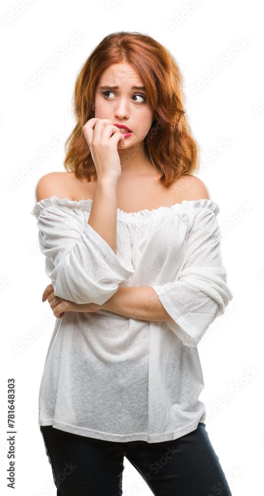 Young beautiful woman over isolated background looking stressed and nervous with hands on mouth biting nails. Anxiety problem. Young beautiful woman over isolated background looking stressed and nervous with hands on mouth biting nails. Anxiety problem.