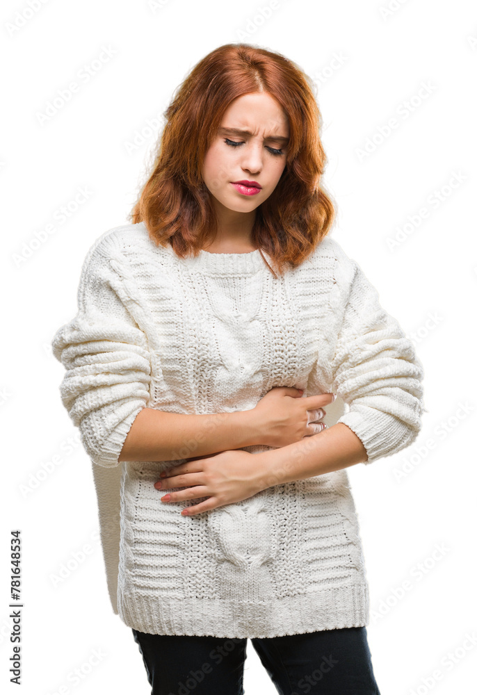 Young beautiful woman over isolated background wearing winter sweater with hand on stomach because nausea, painful disease feeling unwell. Ache concept. Young beautiful woman over isolated background wearing winter sweater with hand on stomach because nausea, painful disease feeling unwell. Ache concept.