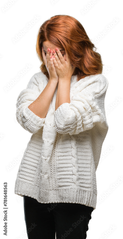 Young beautiful woman over isolated background wearing winter sweater with sad expression covering face with hands while crying. Depression concept. Young beautiful woman over isolated background wearing winter sweater with sad expression covering face with hands while crying. Depression concept.