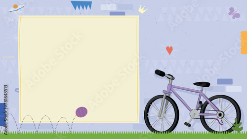 bicycle leaning against a brick wall with a grass floor - children's scene - bulletin board, to-do list - summer vacation reminder - wide screen (ID: 781648513)