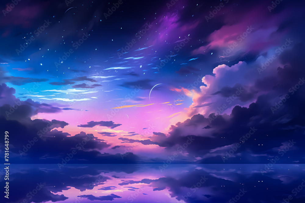 Beautiful pastel-colored, purple night sky and cloud illustration. Mysterious starry sky and nebulae. Vivid colors, dreamy cloudscape. Heavenly, zenith, creative, animated style. Beautiful pastel-colored, purple night sky and cloud illustration. Mysterious starry sky and nebulae. Vivid colors, dreamy cloudscape. Heavenly, zenith, creative, animated style.