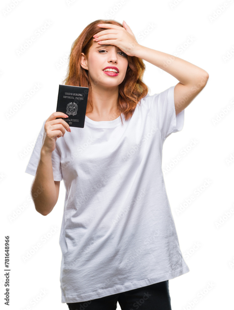 Young beautiful woman holding passport of italy over isolated background stressed with hand on head, shocked with shame and surprise face, angry and frustrated. Fear and upset for mistake. Young beautiful woman holding passport of italy over isolated background stressed with hand on head, shocked with shame and surprise face, angry and frustrated. Fear and upset for mistake.