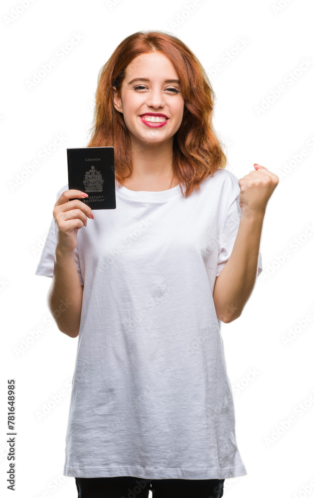 Young beautiful woman holding passport of canada over isolated background screaming proud and celebrating victory and success very excited, cheering emotion Young beautiful woman holding passport of canada over isolated background screaming proud and celebrating victory and success very excited, cheering emotion