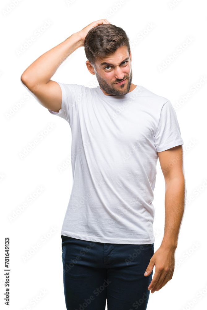 Young handsome man over isolated background confuse and wonder about question. Uncertain with doubt, thinking with hand on head. Pensive concept. Young handsome man over isolated background confuse and wonder about question. Uncertain with doubt, thinking with hand on head. Pensive concept.