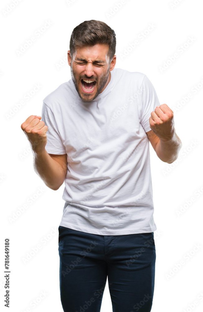 Young handsome man over isolated background very happy and excited doing winner gesture with arms raised, smiling and screaming for success. Celebration concept. Young handsome man over isolated background very happy and excited doing winner gesture with arms raised, smiling and screaming for success. Celebration concept.