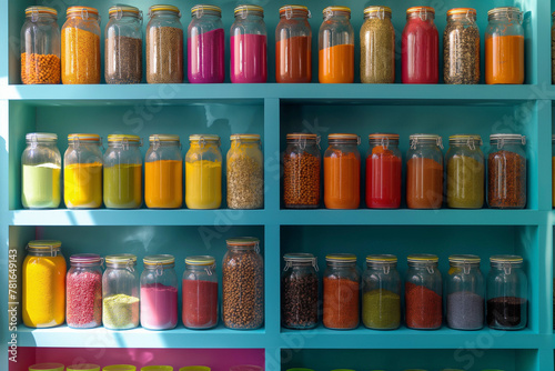 Photo of a modern blue kitchen counter with spice jars. The image style is modern and stylish. organization of space.