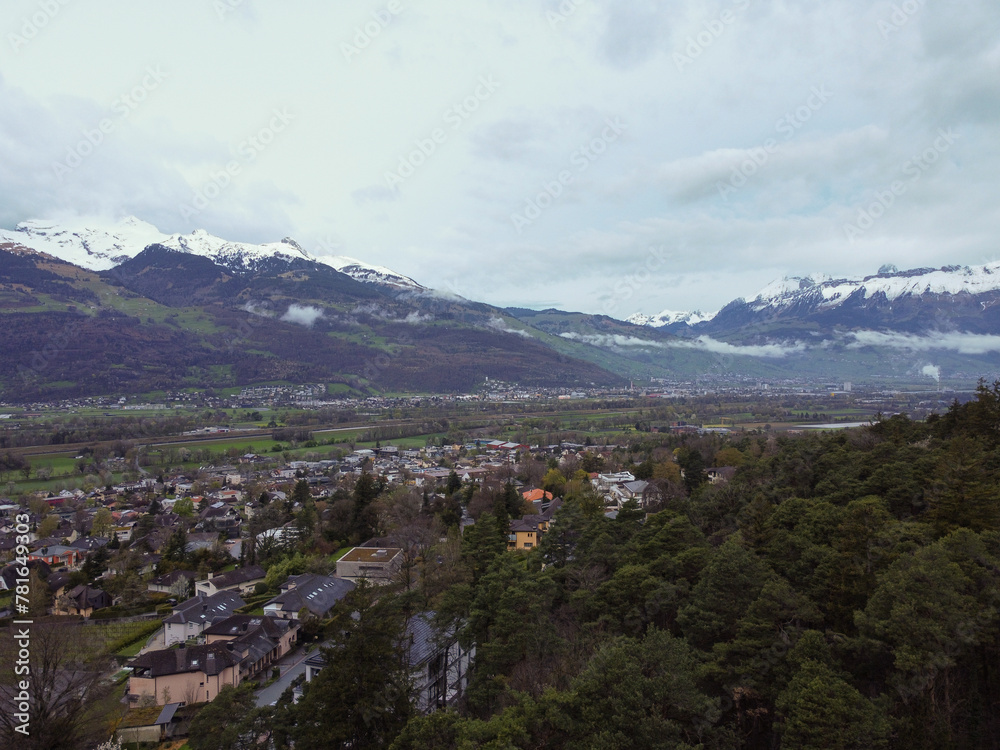 The view from above Interlaken, Switzerland. Looking forward the Swiss Alps 