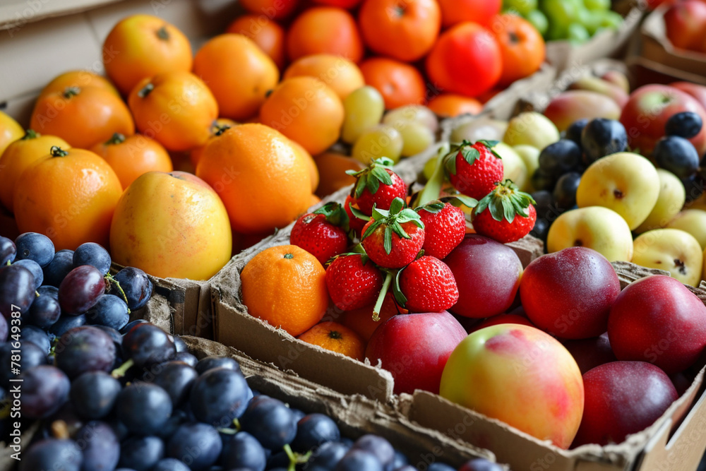 Cardboard boxes of mixed fruits, bright strawberries center, market freshness. Vivid, inviting display, natural variety.