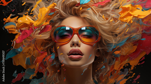 Pop art style illustration of a girl with sunglasses on a colorful background
