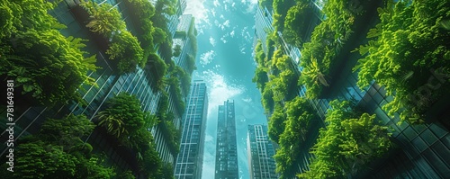 a futuristic cityscape with buildings featuring greenery and sustainable design elements, sustainable future where nature and technology blend seamlessly, harmony between architecture and nature