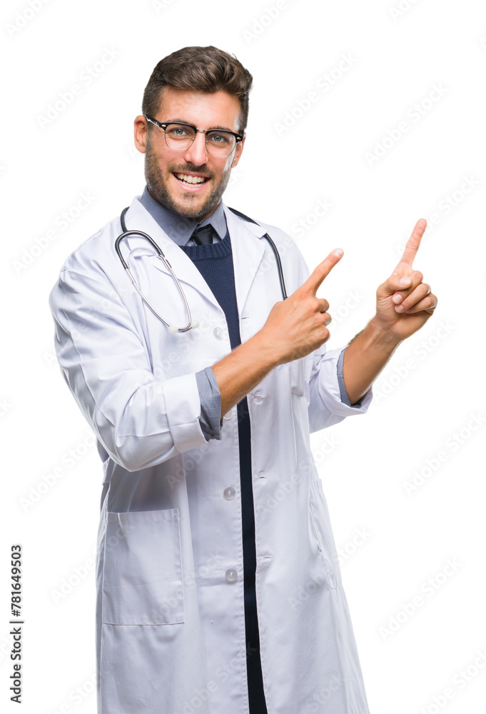 Young handsome doctor man over isolated background smiling and looking at the camera pointing with two hands and fingers to the side. Young handsome doctor man over isolated background smiling and looking at the camera pointing with two hands and fingers to the side.