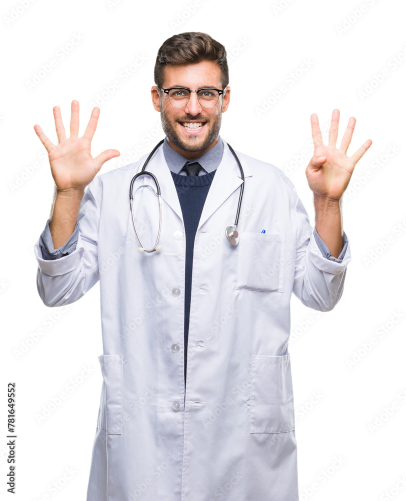 Young handsome doctor man over isolated background showing and pointing up with fingers number nine while smiling confident and happy. Young handsome doctor man over isolated background showing and pointing up with fingers number nine while smiling confident and happy.