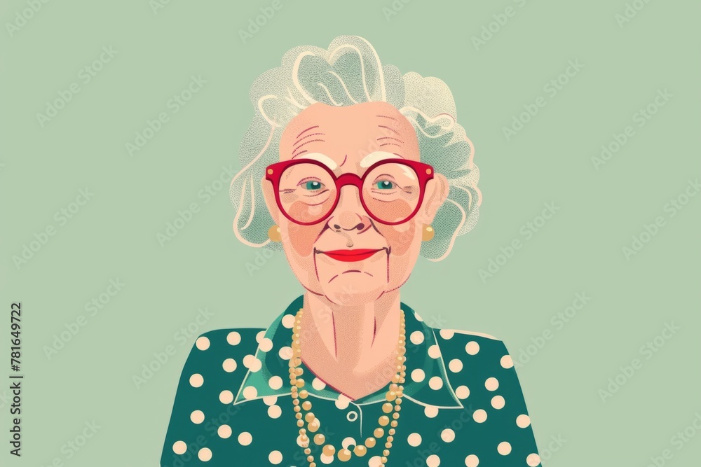 a flat illustration of smiling elderly woman with red glasses, wearing green polka dot blouse and gold necklace Generative AI a flat illustration of smiling elderly woman with red glasses, wearing green polka dot blouse and gold necklace Generative AI