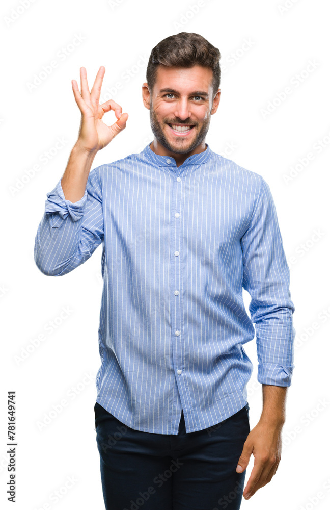 Young handsome man over isolated background smiling positive doing ok sign with hand and fingers. Successful expression.