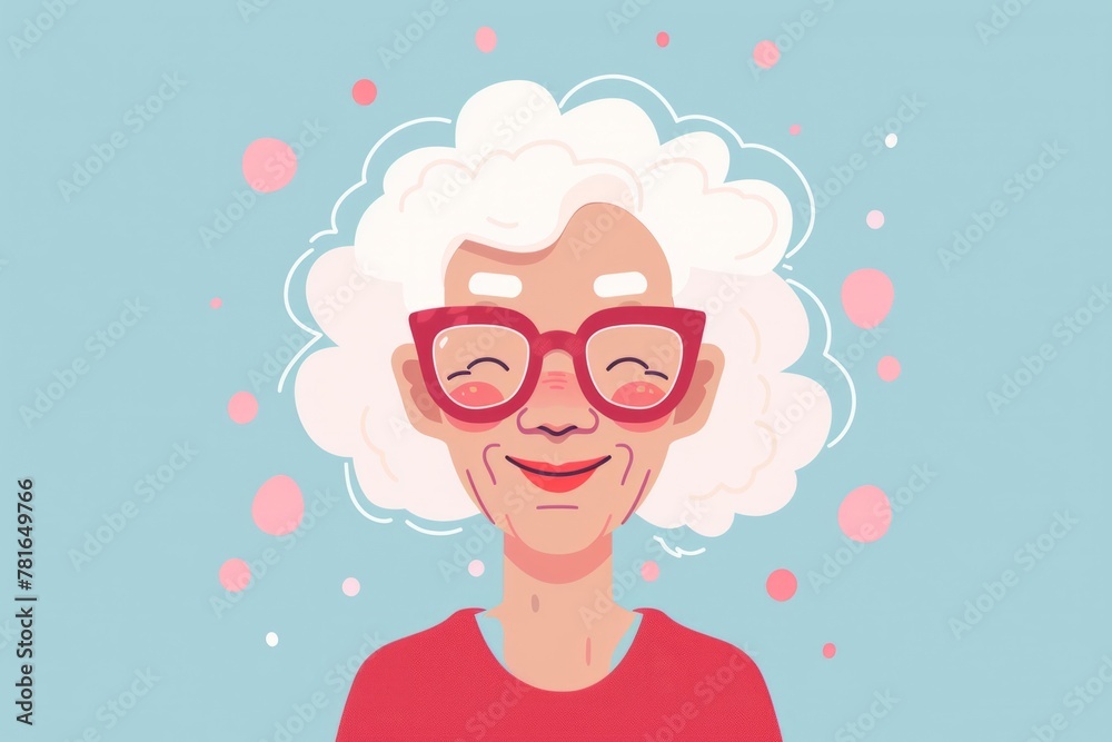 A flat illustration of an elderly woman with white hair, wearing red glasses and smiling Generative AI A flat illustration of an elderly woman with white hair, wearing red glasses and smiling Generative AI