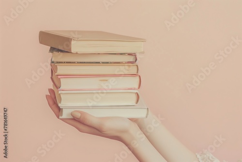 Literary Universe: Woman's Hands Cradle Pile of Books, Evoking Education, Science, Knowledge, and the Adventure of Reading