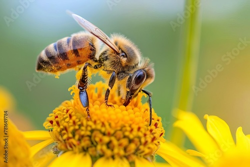 Close-up of honey bee pollinating yellow Helenium flowers in garden, macro photography © furyon
