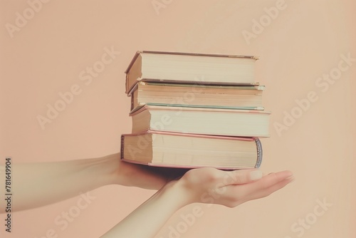 Intellectual Oasis: Woman's Hands Cradle Pile of Books, Reflecting Education, Science, Knowledge, and Literary Delight