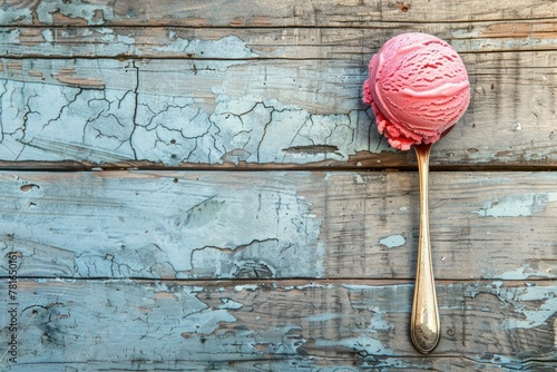 Sumptuous Mr. Graham's ice cream scoop served on a rustic wooden surface, offering a perfect spot for additional text