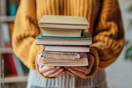 Bookish Brilliance: Woman's Hands Clutch Stack of Books, Illustrating Education, Science, and the Joy of Reading