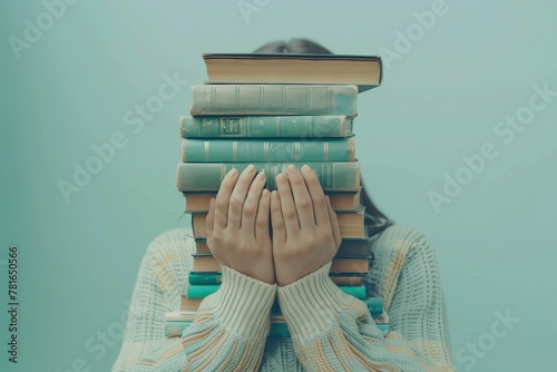 Hands Holding Knowledge: Woman Grasping Stack of Books, Symbolizing Education, Library, and the Pursuit of Science