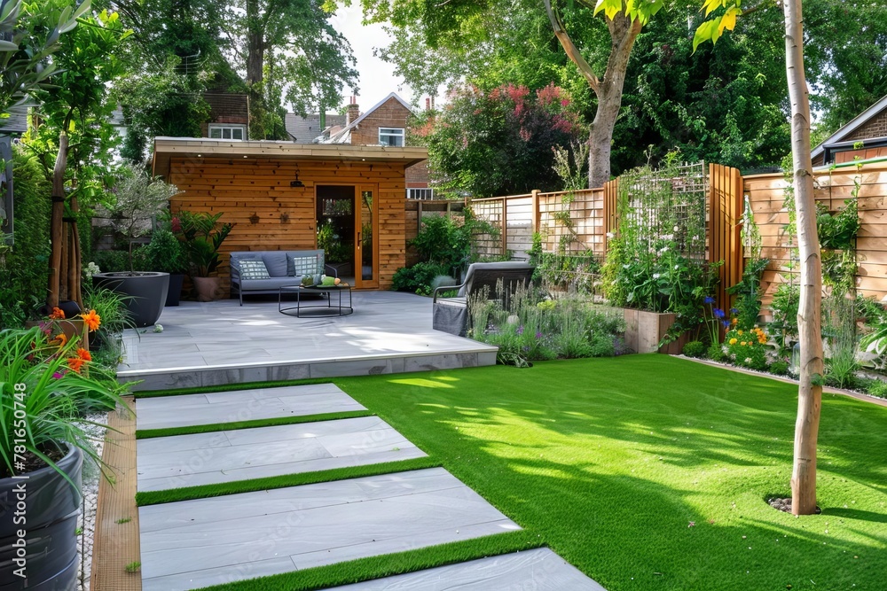 Backyard garden design with artificial grass, paved patio, plants, fences, and wooden shed