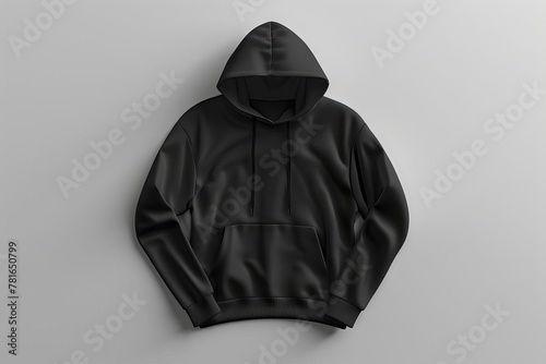 Black Hoodie Mockup on Grey Background, Minimalist Apparel Display for Custom Designs, 3D Rendering