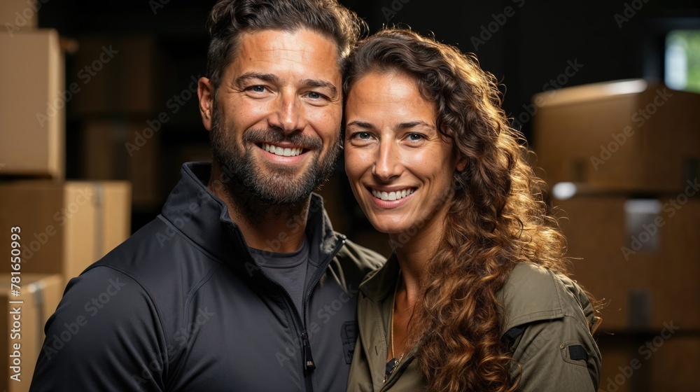 Happy Couple Smiling in a Warehouse Environment Happy Couple Smiling in a Warehouse Environment