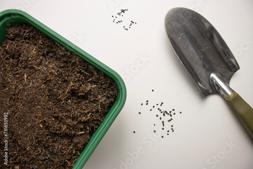 Soil in a green flowerpot next to a scoop and seeds. Sprouter for plants close-up. Top view photo
