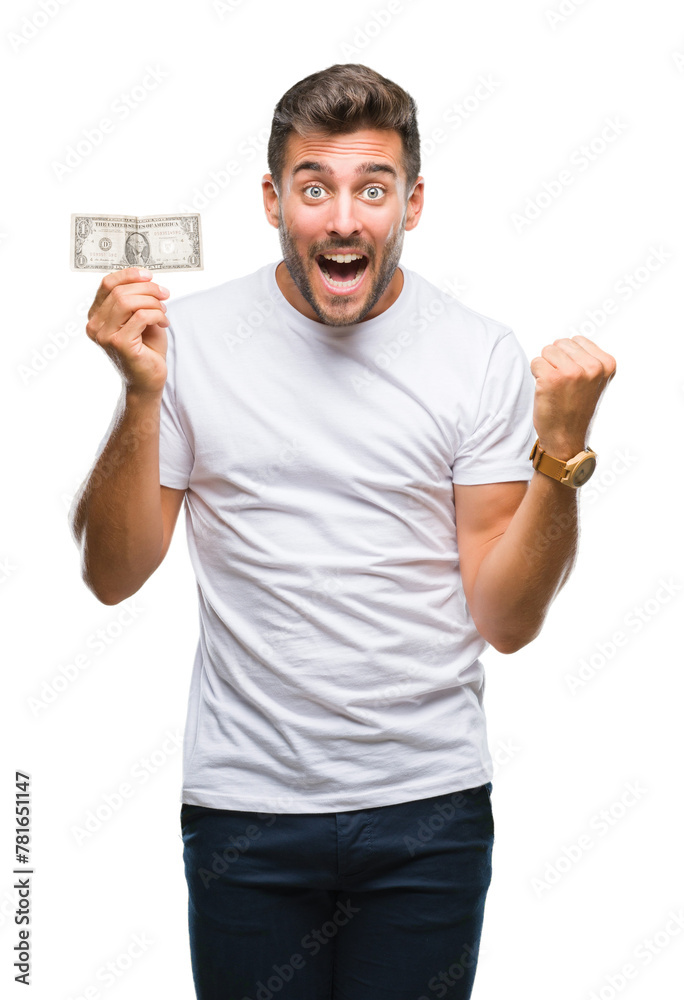 Young handsome man holding dollars over isolated background screaming proud and celebrating victory and success very excited, cheering emotion Young handsome man holding dollars over isolated background screaming proud and celebrating victory and success very excited, cheering emotion